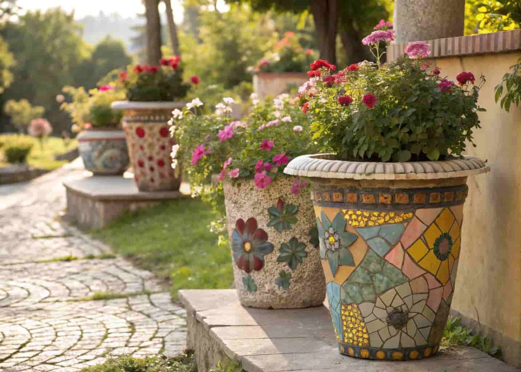 Mosaic decorated flower pots with colorful tile designs placed in outdoor garden with blooming plants