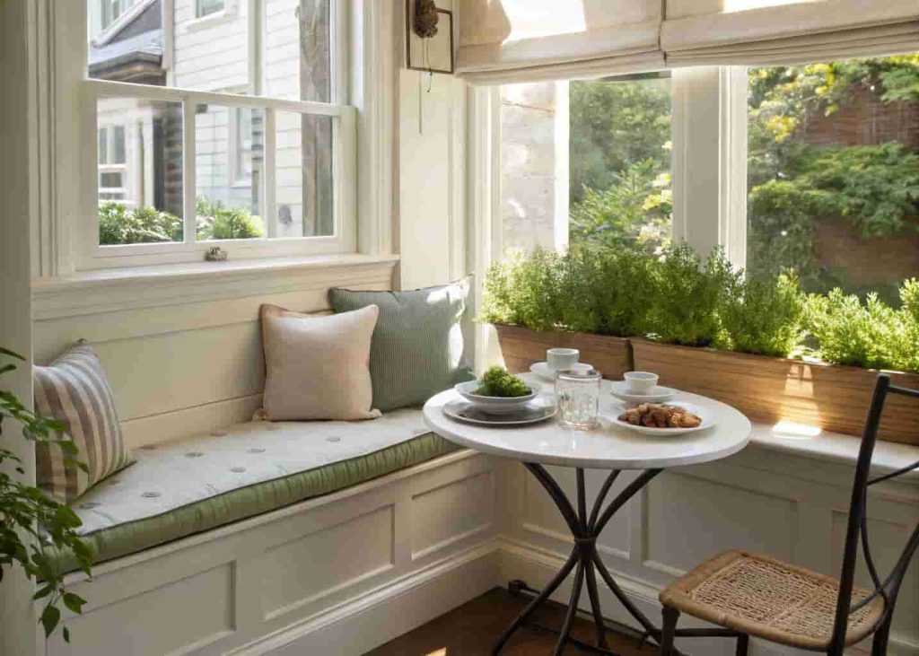 Bay window breakfast nook with cushioned bench seating and potted herbs in a bright home kitchen
