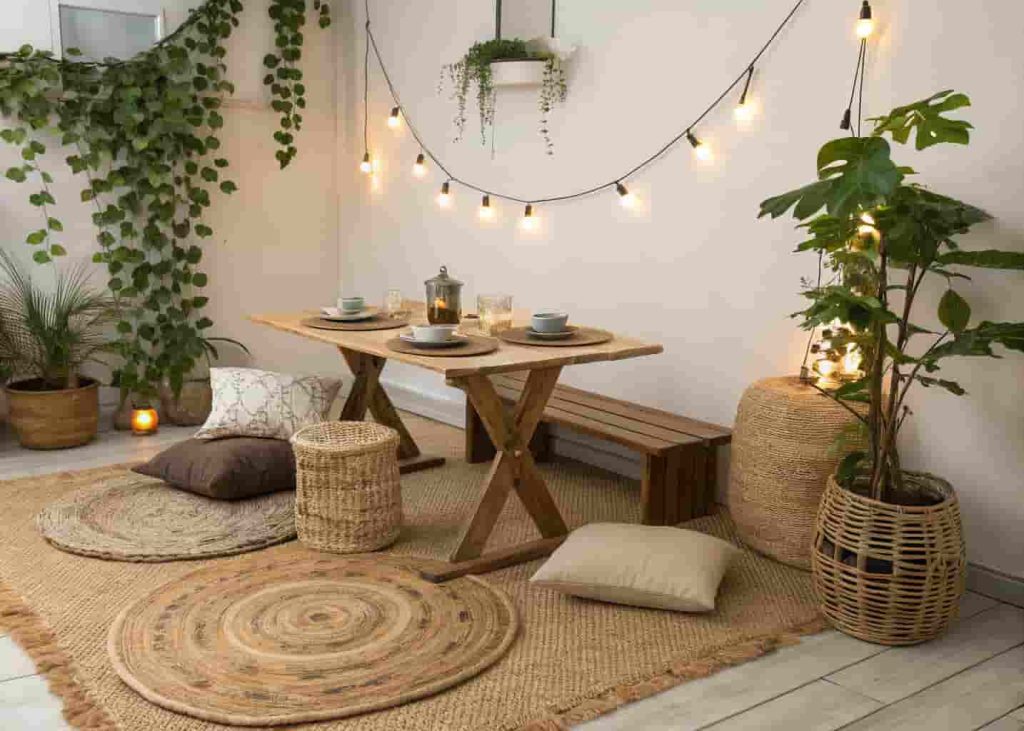 Boho-style low table breakfast nook with floor cushions and string lights in a small living space