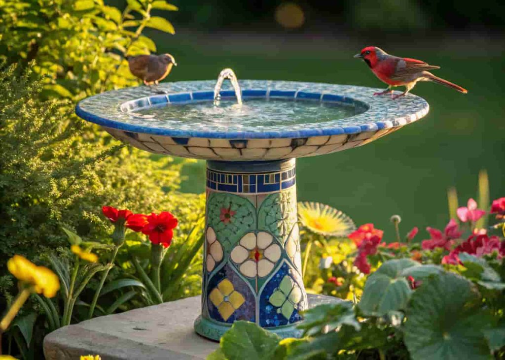 Mosaic bird bath with blue and green tile design surrounded by garden flowers and foliage