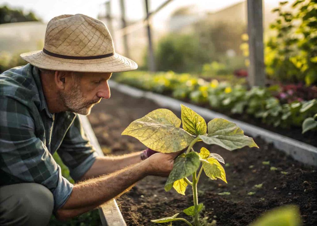 Gardener examining a wilted plant leaf in garden bed