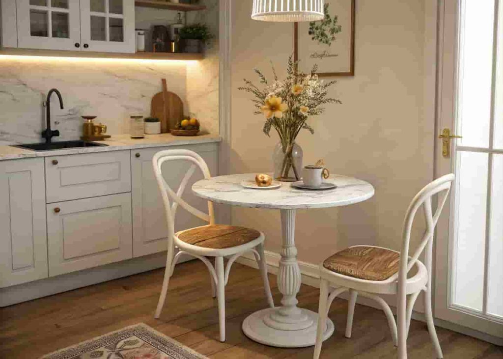 Small round marble table breakfast nook with white cafe chairs in a bright apartment kitchen corner