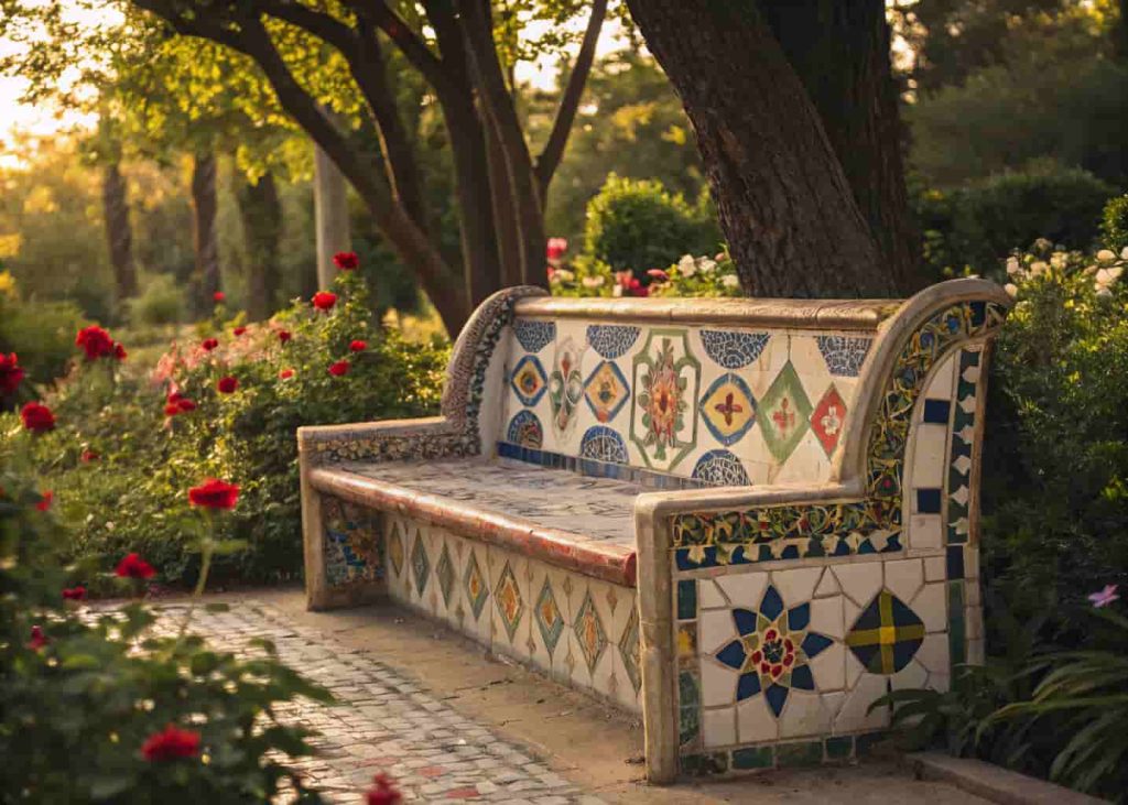 Colorful mosaic garden bench with intricate tile patterns surrounded by garden greenery