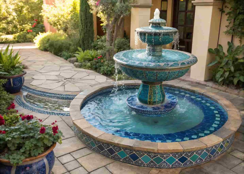 Mosaic garden water fountain with blue and turquoise tile design with water flowing in garden setting