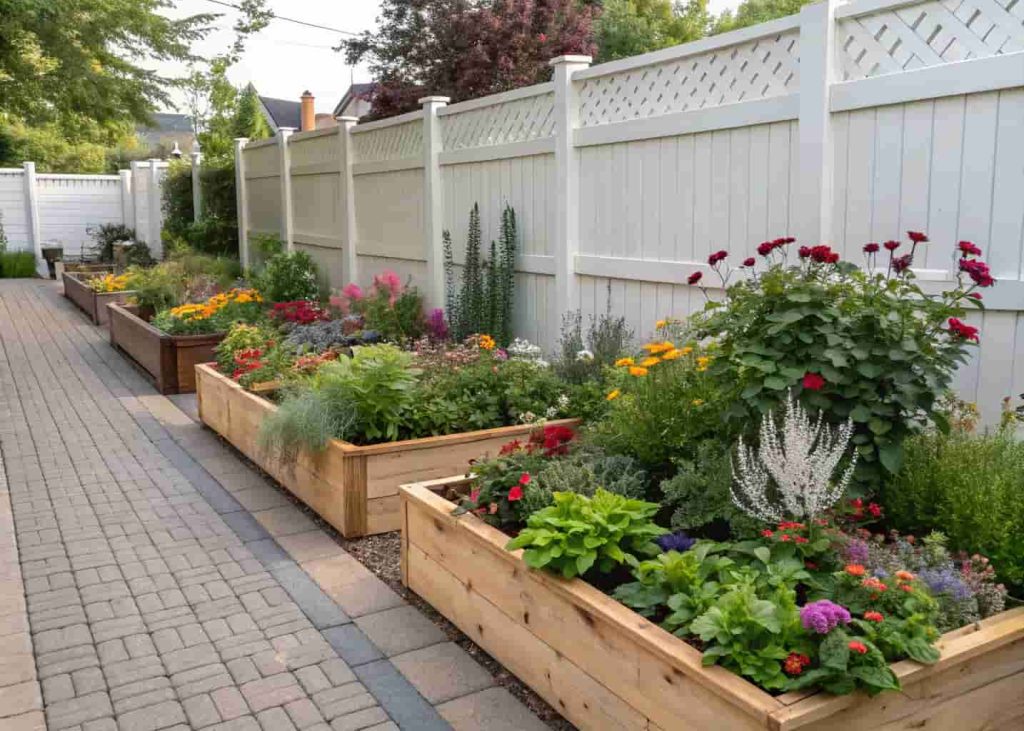 Modern cottage garden aesthetic with raised beds and overflowing flowers