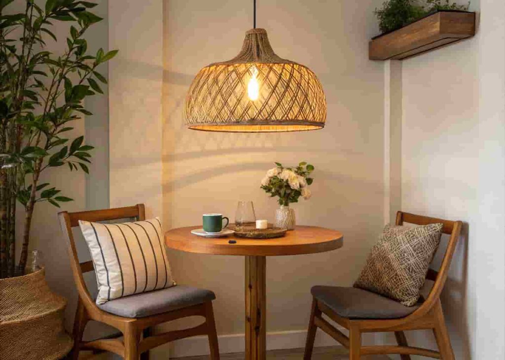 Rattan pendant light above a small breakfast nook table creating a warm cozy atmosphere in a compact kitchen