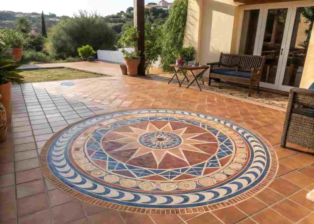 Outdoor patio floor with colorful mosaic medallion tile design in garden setting with furniture