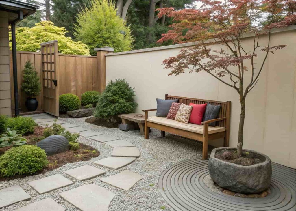 Cozy zen garden aesthetic corner with gravel and wooden bench