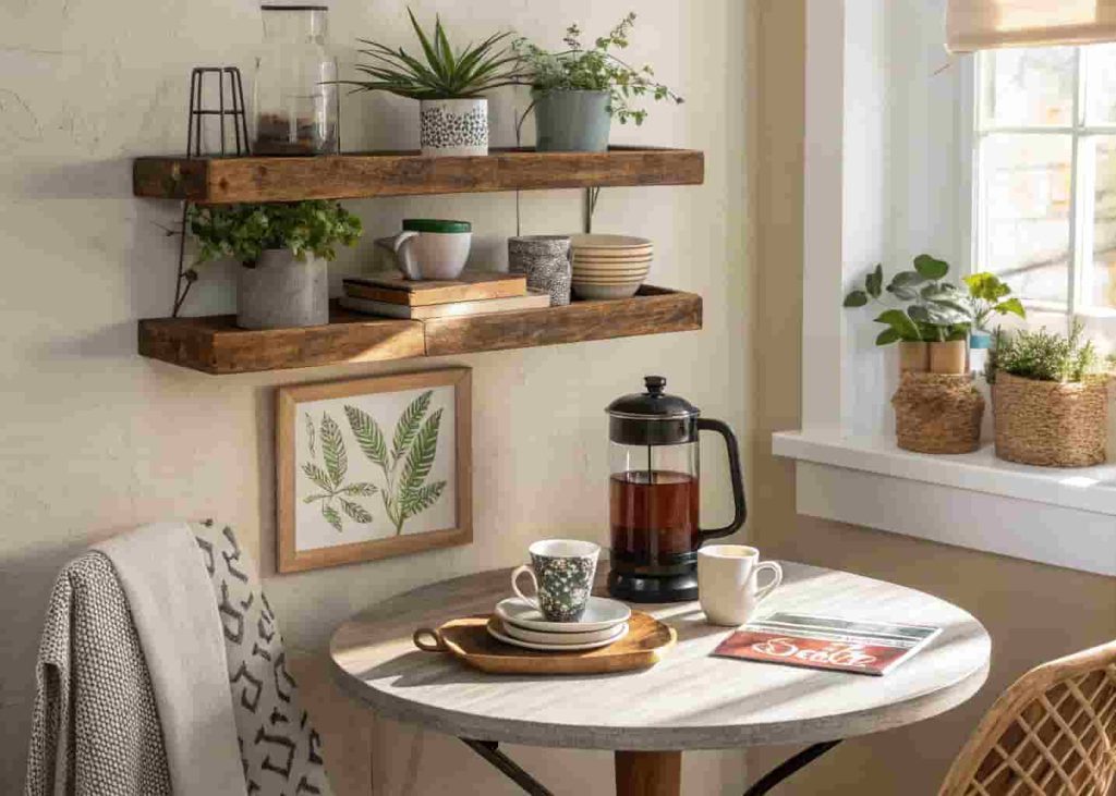 Floating shelf styled above a breakfast nook with mugs, plants, and a French press in a small apartment kitchen