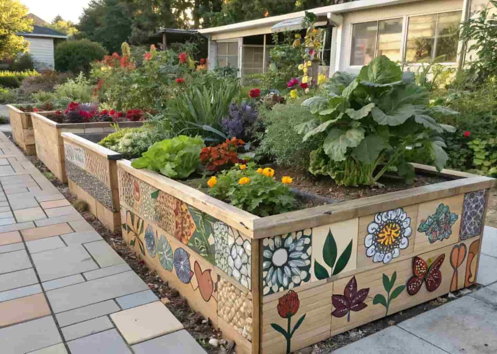 Mosaic decorated raised garden bed with colorful tile patterns and plants growing inside