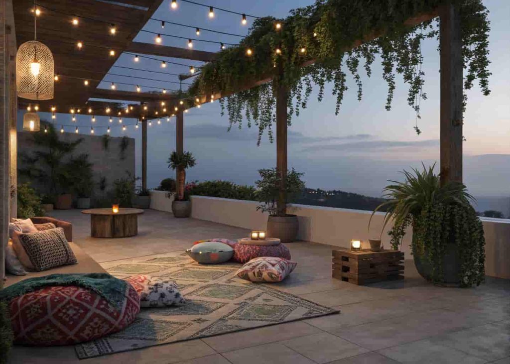 Boho garden aesthetic patio with string lights and cozy cushions
