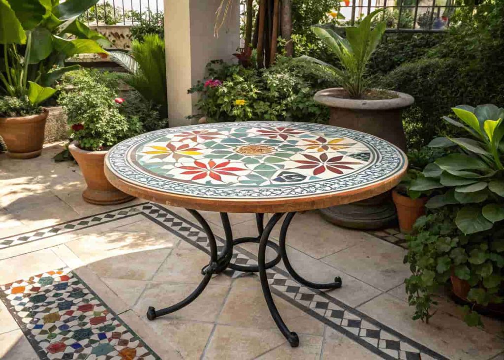 Outdoor garden table with colorful mosaic tile top in geometric Moroccan pattern on garden patio