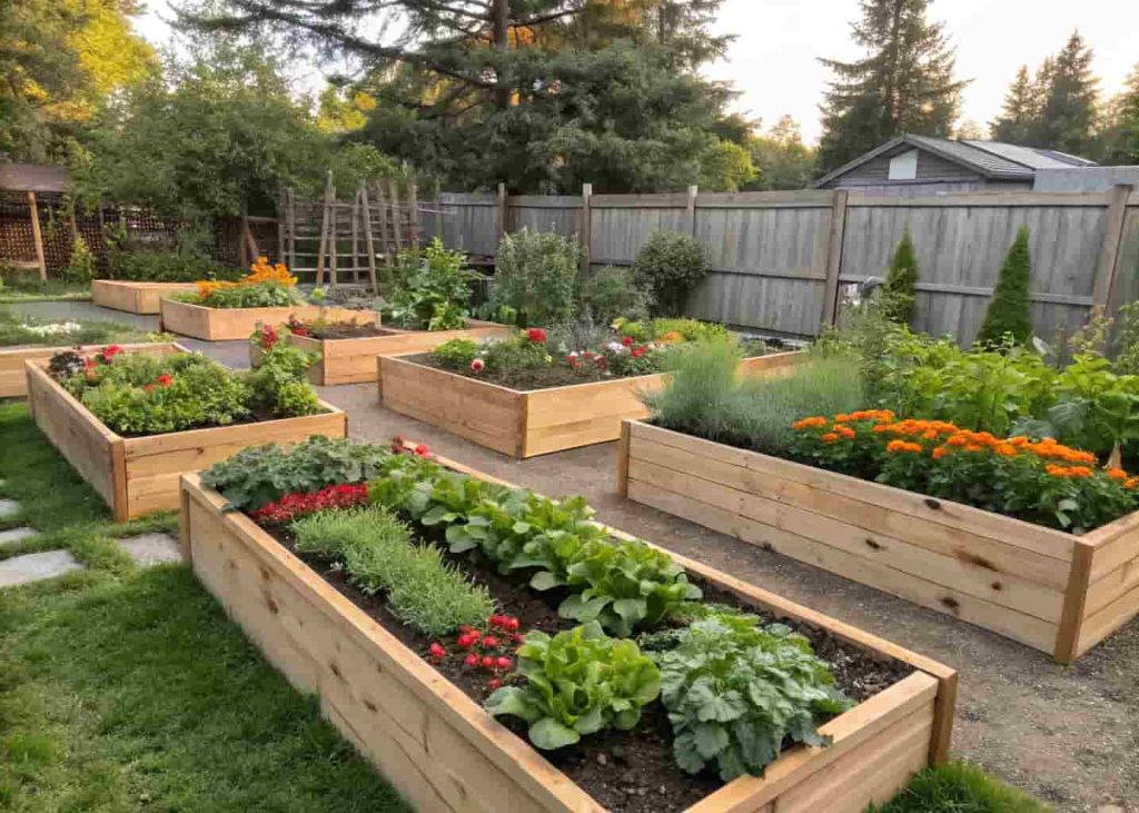 Modern garden aesthetic with wooden raised beds and gravel paths