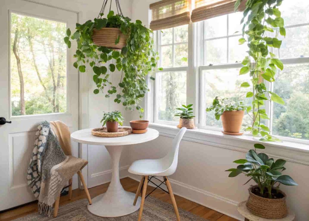 Plant-filled breakfast nook in a small apartment with trailing pothos, herbs on the windowsill, and a cozy wooden table