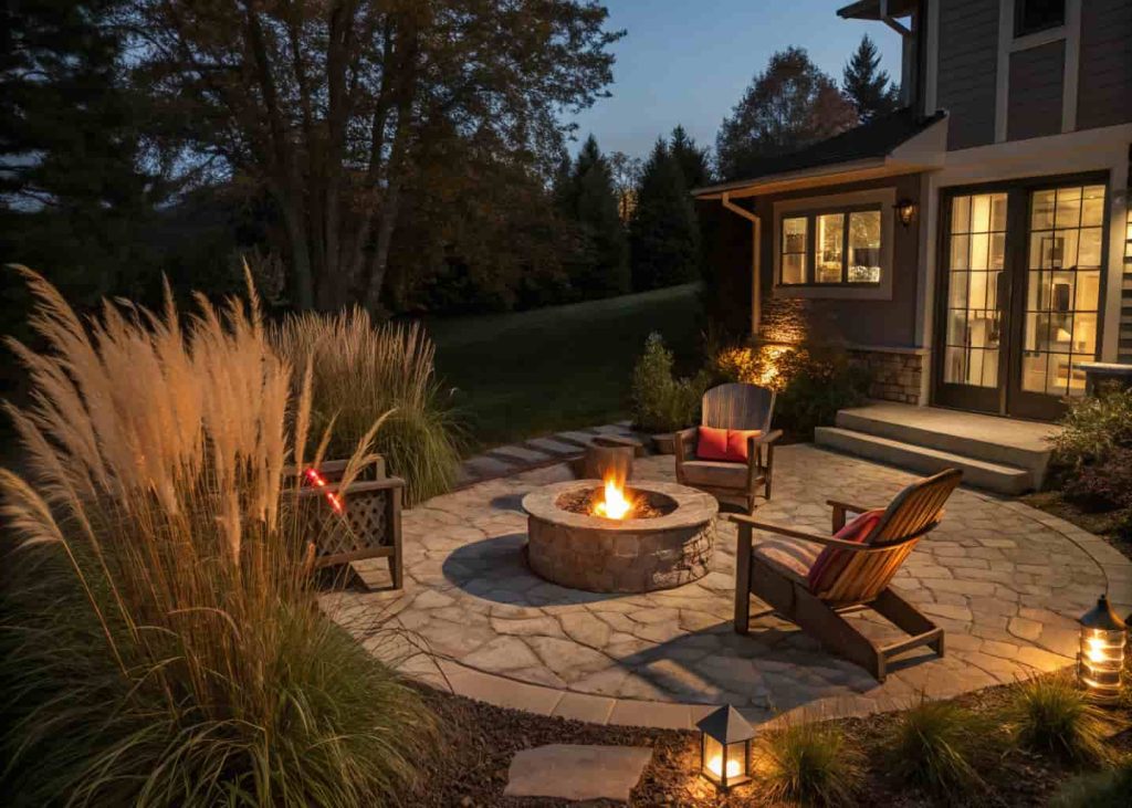 Cozy garden aesthetic fire pit lounge area with seating