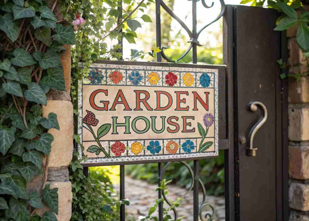 Handmade mosaic house number plaque with colorful tile design mounted near garden gate with plants