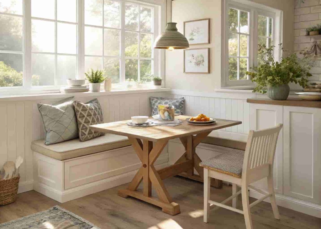 Cozy breakfast nook with cushioned bench seating and natural morning light in a warm kitchen corner