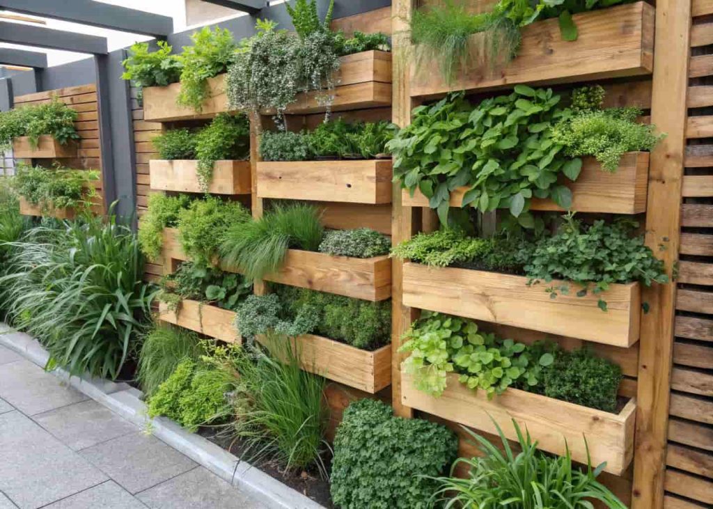 Modern living green wall garden aesthetic with herbs and ferns