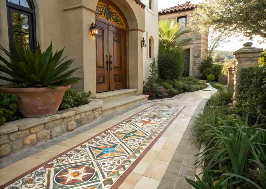 Colorful mosaic tile inlay panel set into a stone front walkway with garden plants alongside