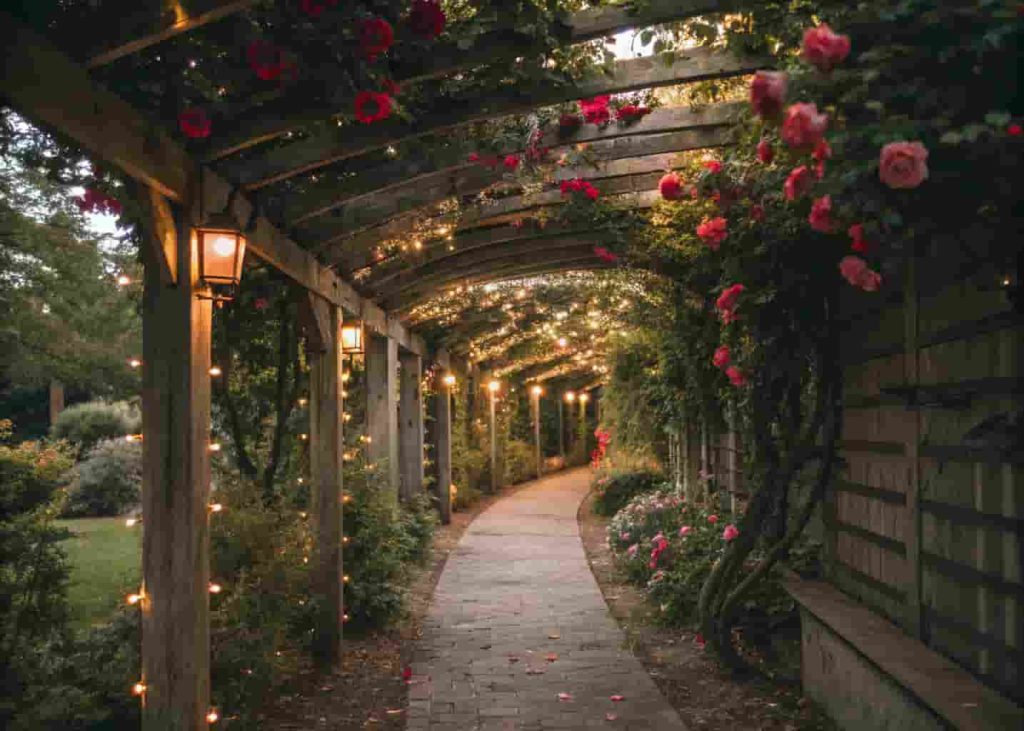 Pergola tunnel covered in climbing roses over a side house walkway with fairy lights