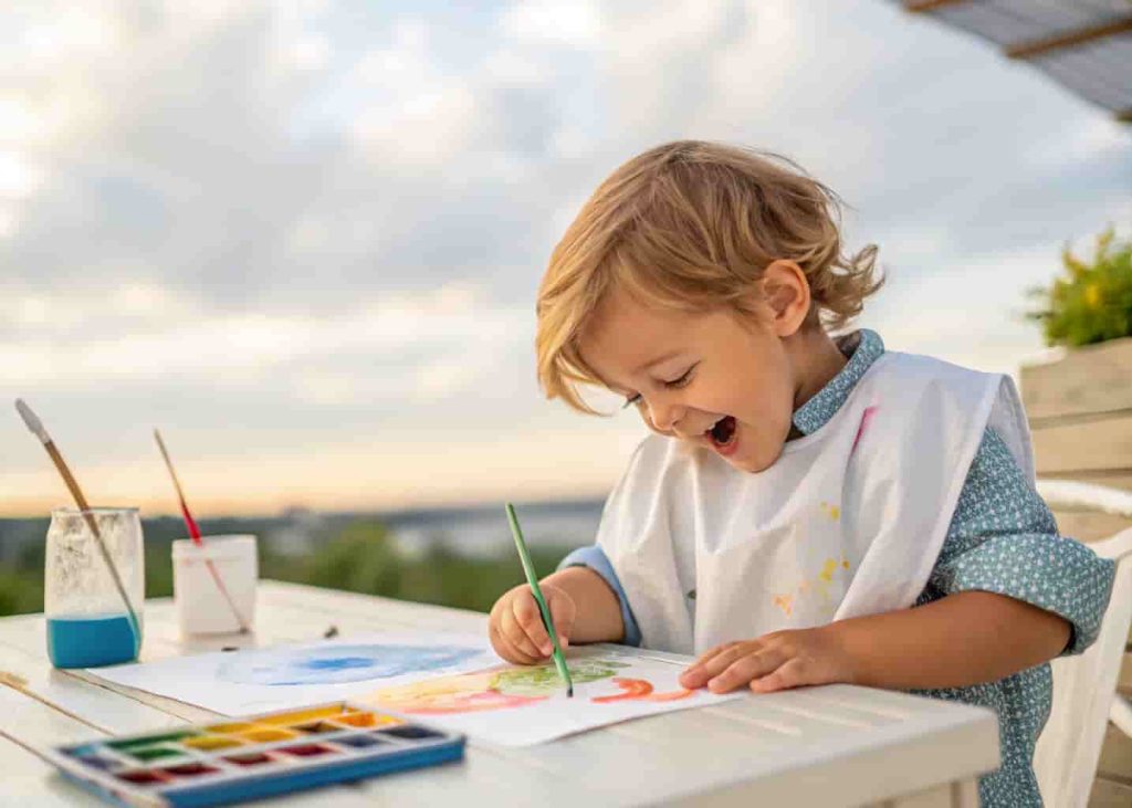 Preschooler discovering watercolor resist art magic as a summer creative activity