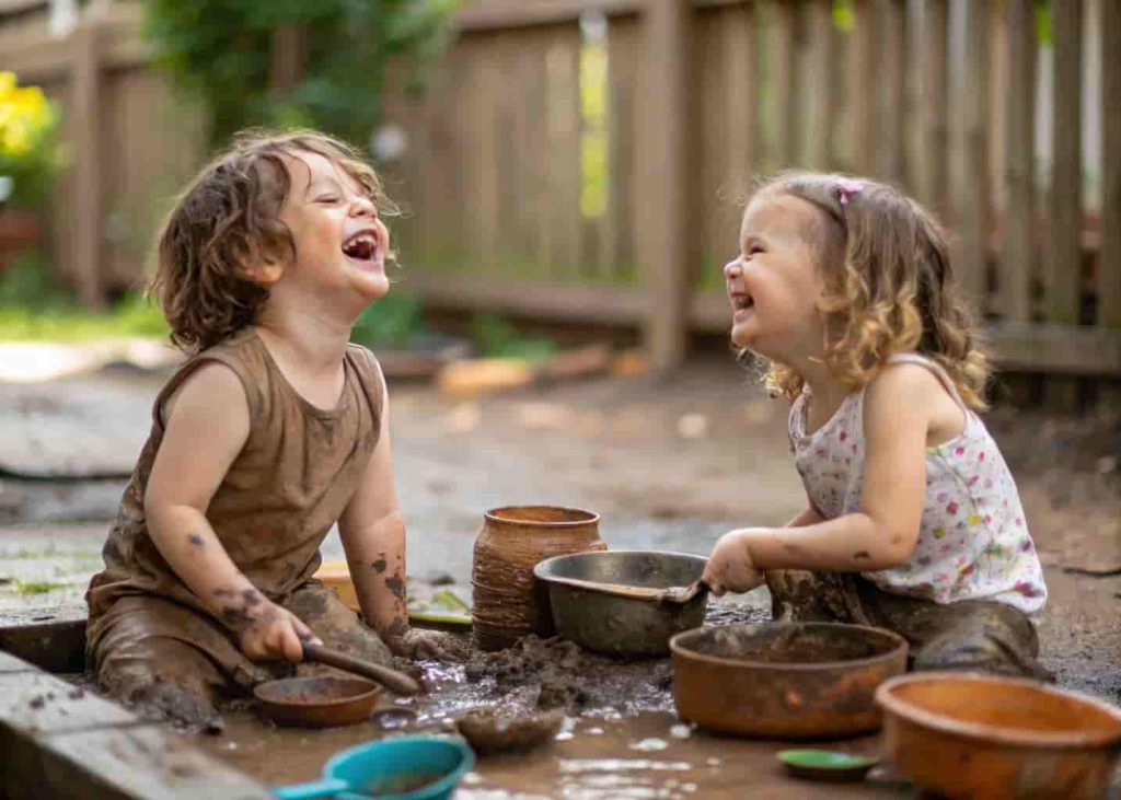 Preschool children playing at outdoor mud kitchen during summer learning activity