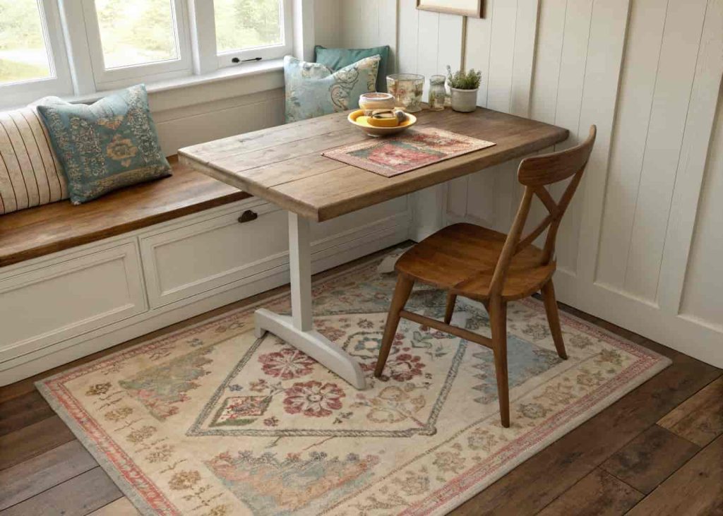 Vintage patterned rug under small kitchen breakfast nook table