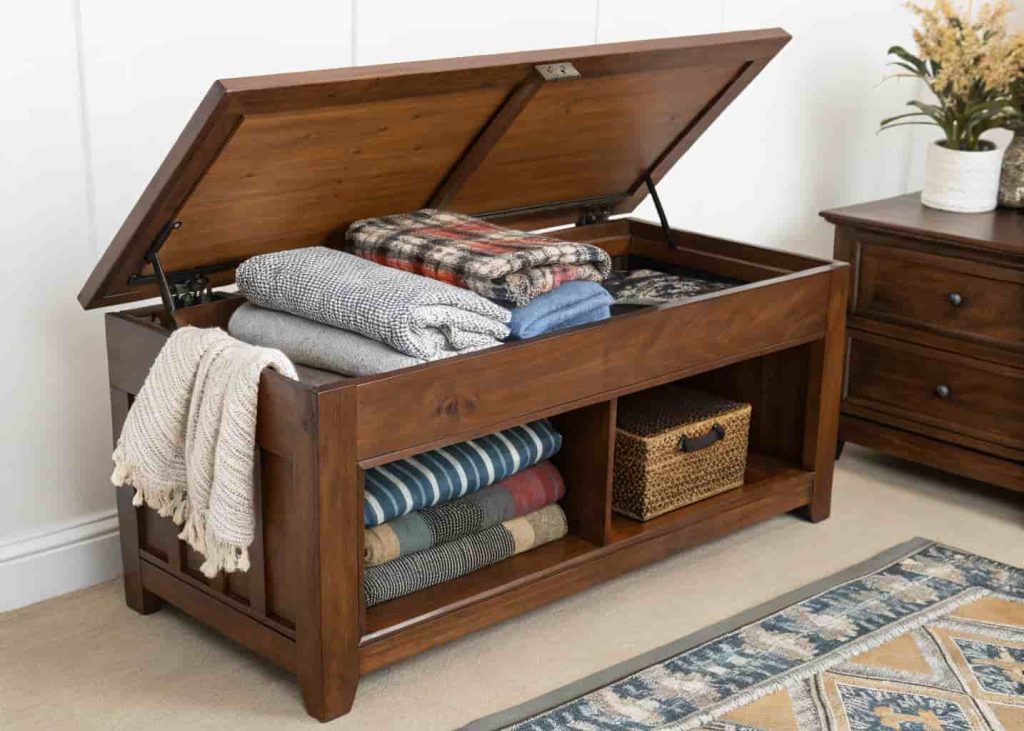 A console table with the top lid lifted open, revealing a storage compartment filled with folded blankets