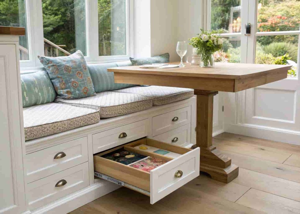 Built-in breakfast nook bench with under-seat storage drawers and cushioned seating in a white kitchen