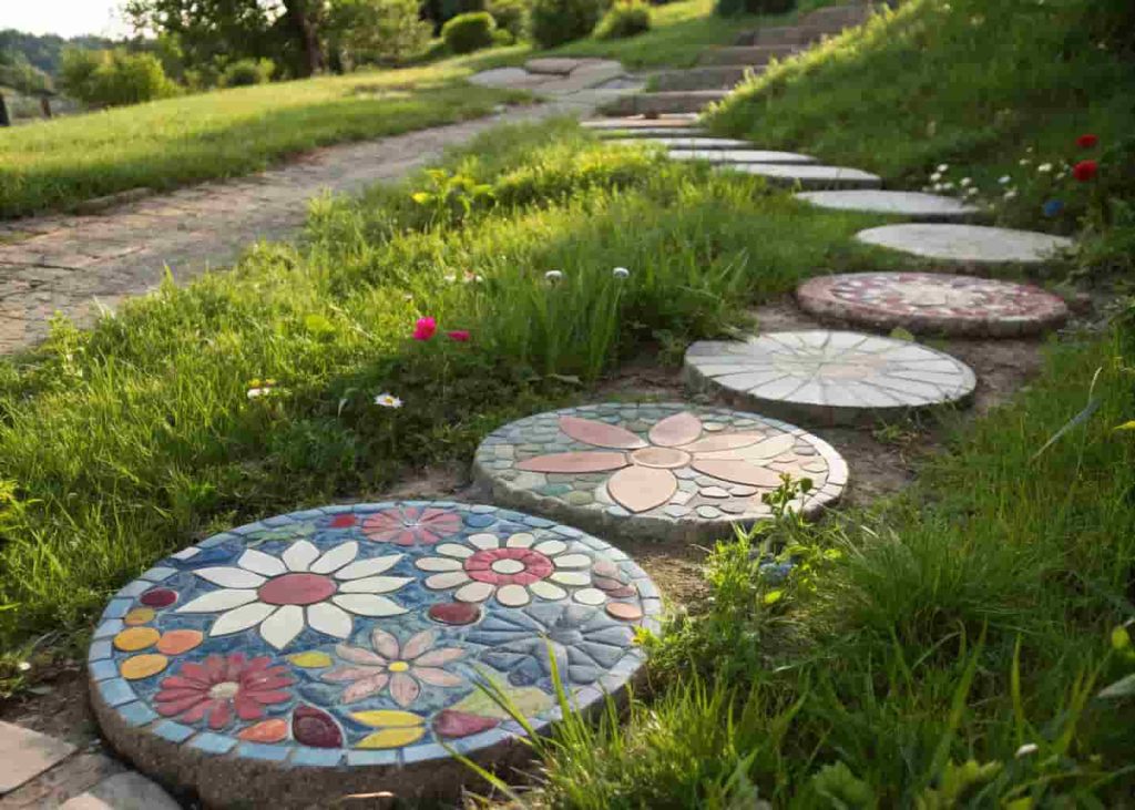 Colorful mosaic stepping stones with floral tile patterns set into a garden pathway surrounded by green grass.
