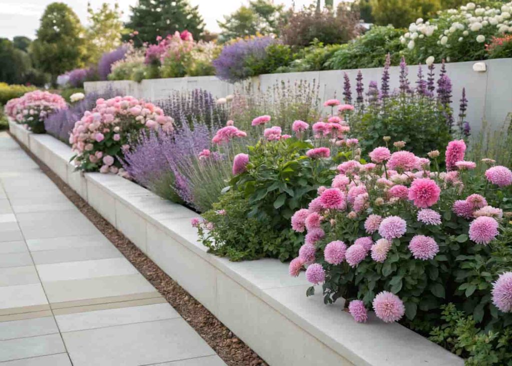 Pastel flower bed garden aesthetic with pink and lavender blooms