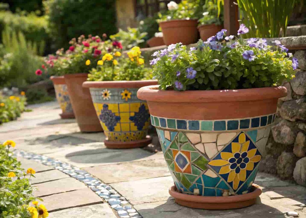 Terracotta garden pots decorated with colorful mosaic tiles in blue, green, and yellow, filled with blooming plants on a garden patio.
