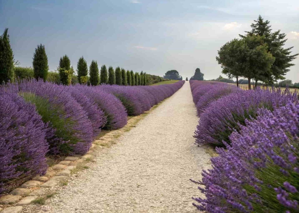 Gravel path garden aesthetic lined with lavender borders