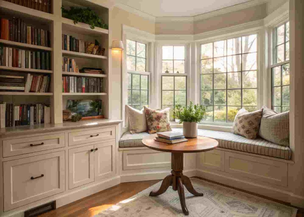 Bay window cozy breakfast nook with built-in bookshelves, window seat storage, and morning sunlight