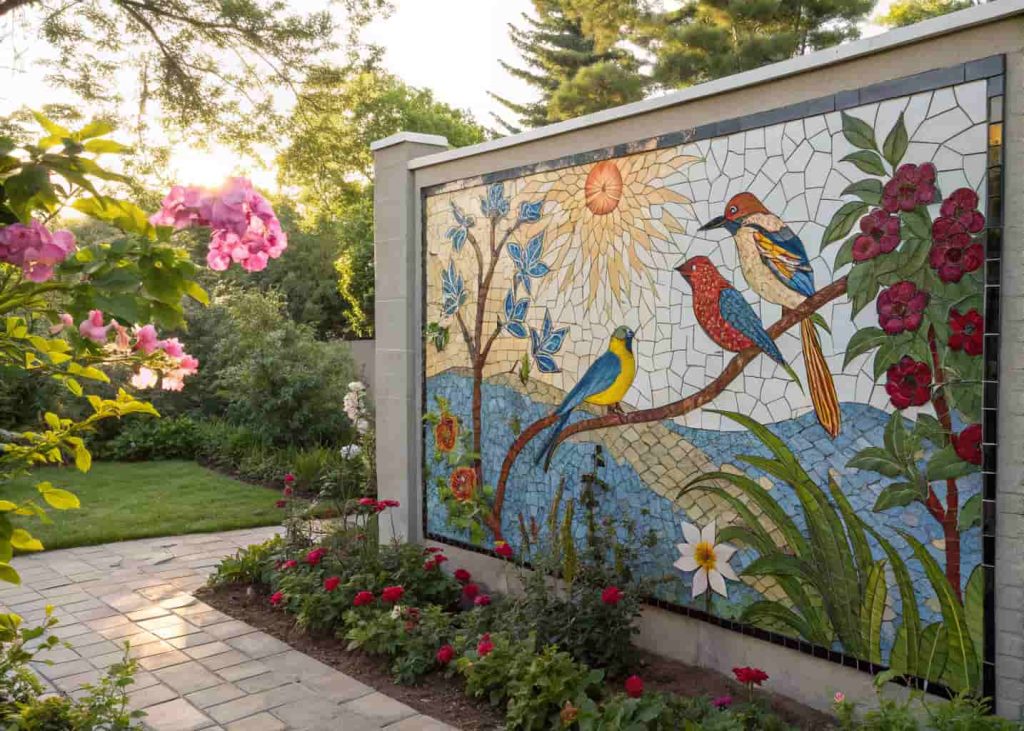 Large colorful mosaic wall mural with birds and flowers made from ceramic tile pieces mounted on an outdoor garden wall.