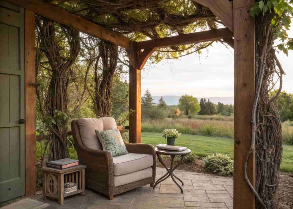 Garden aesthetic reading nook under pergola with climbing vines