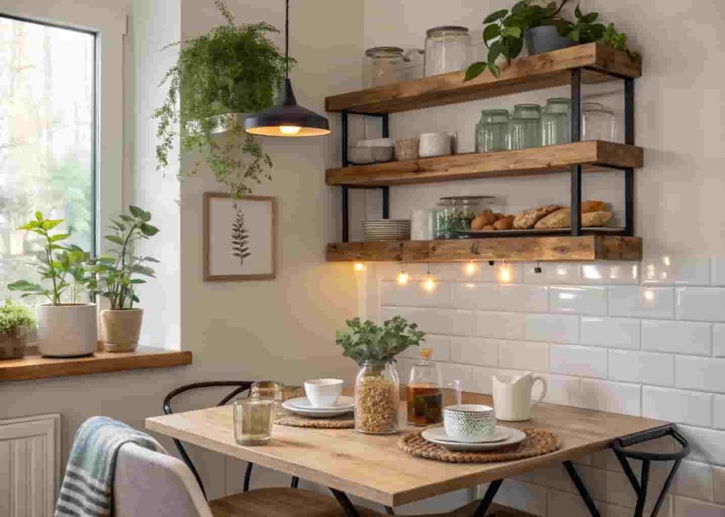 Breakfast nook with floating wooden shelves above the table displaying mugs, plants, and kitchen storage jars