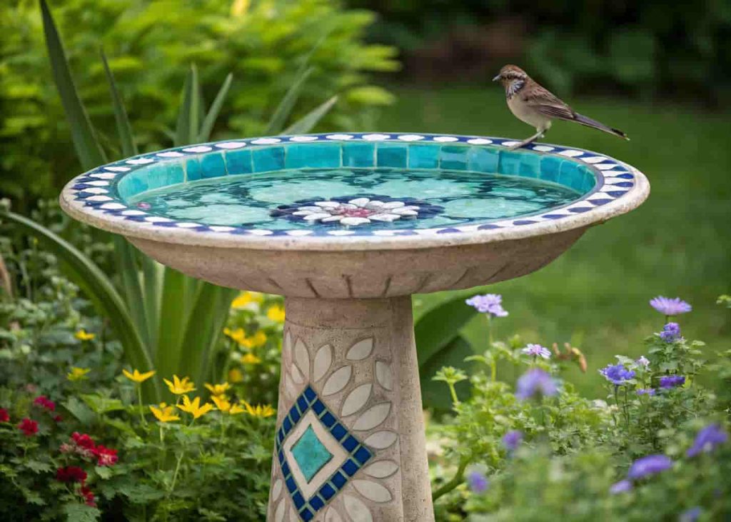 Mosaic tile birdbath in blue, teal, and white shades with a bird perched on the edge, surrounded by a lush green garden.