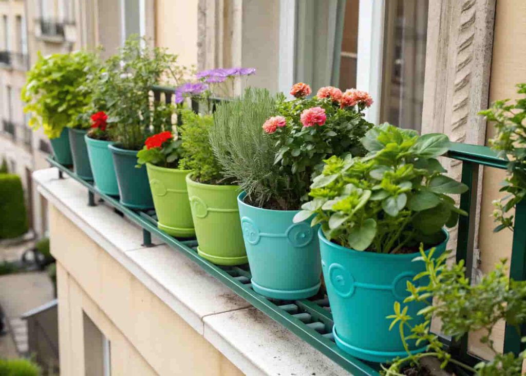 Container garden aesthetic on a small balcony with grouped pots