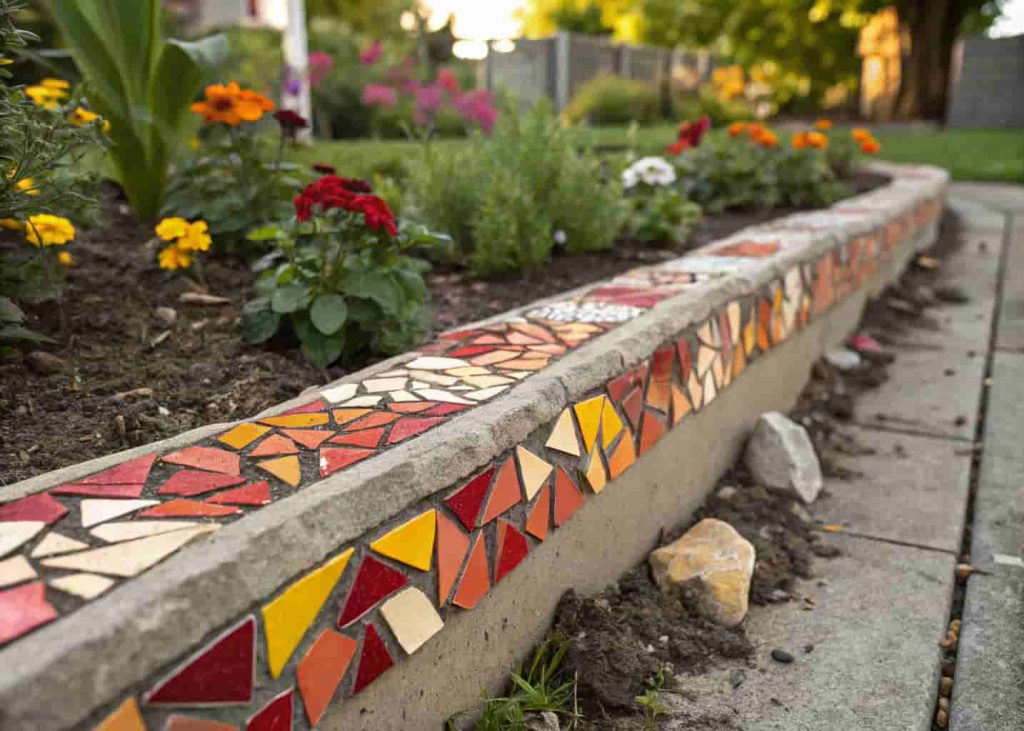 Garden bed edging decorated with colorful mosaic tiles in red, orange, and yellow creating a decorative border along a flower bed.