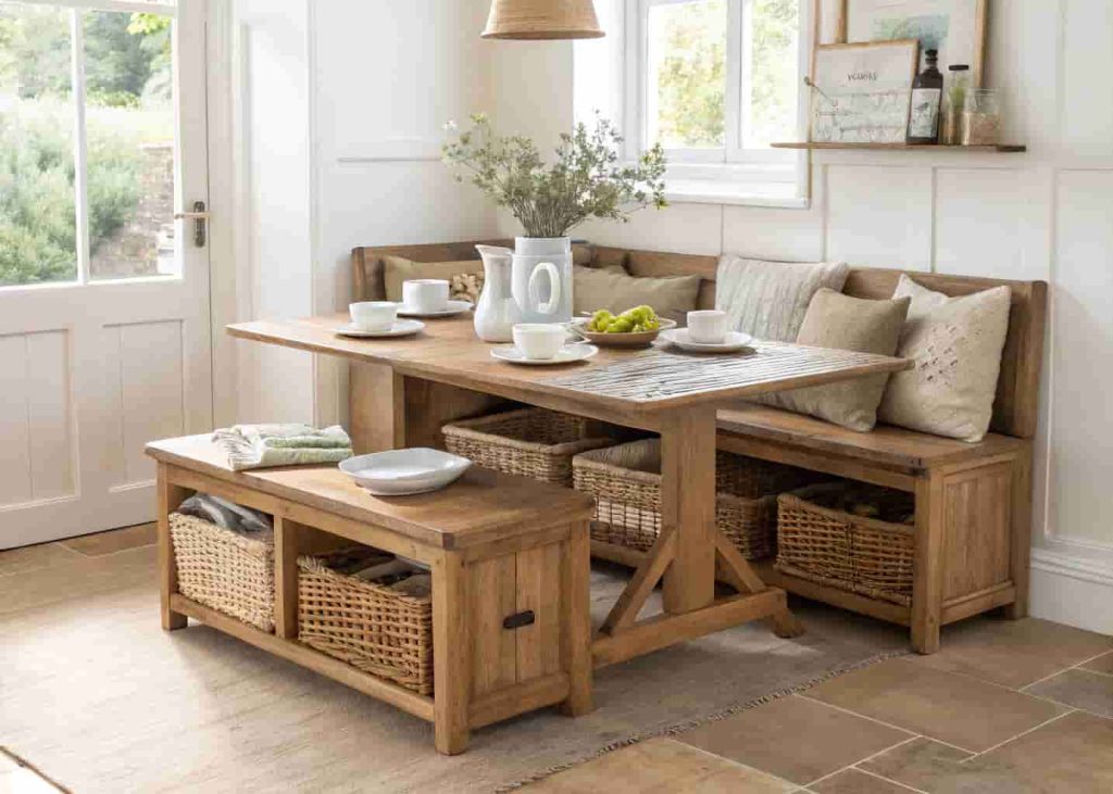 Farmhouse breakfast nook with open bench and wicker baskets underneath for casual kitchen storage