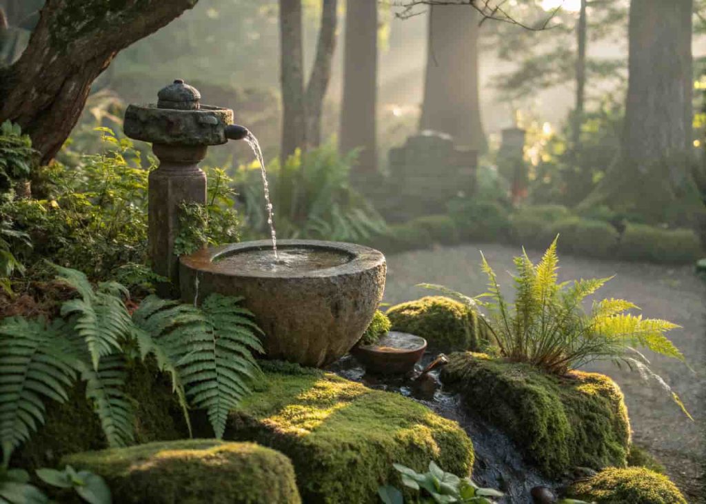 Garden aesthetic stone water feature surrounded by ferns