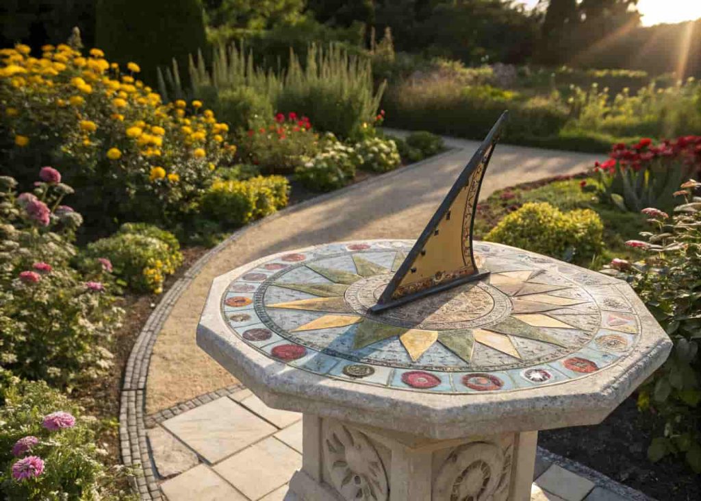 Decorative mosaic sundial with colorful sunburst tile pattern on a stone pedestal in a sunny garden setting.