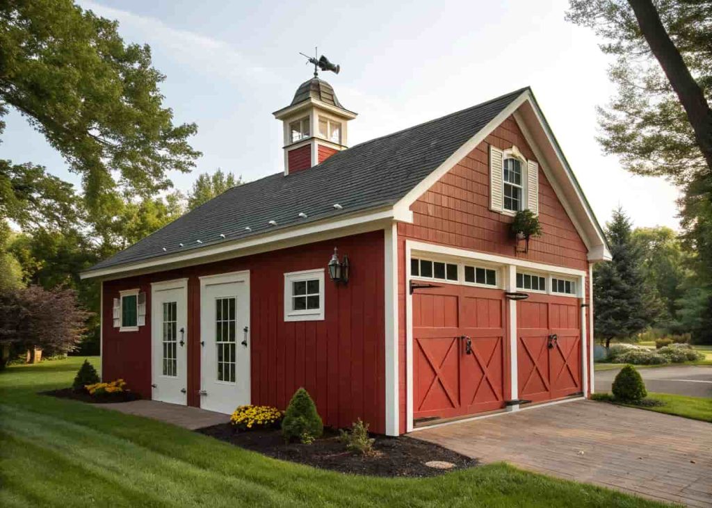 Classic red barn style garage with black hinges, white trim, and a cupola on a sunny residential property