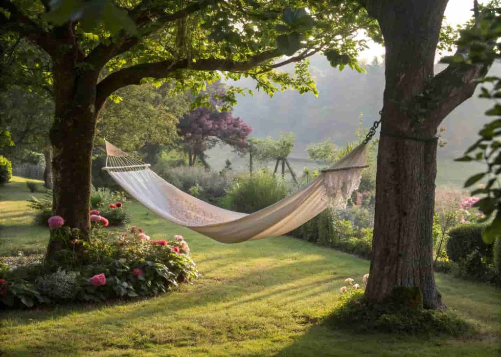 Cozy hammock garden aesthetic retreat under shady trees