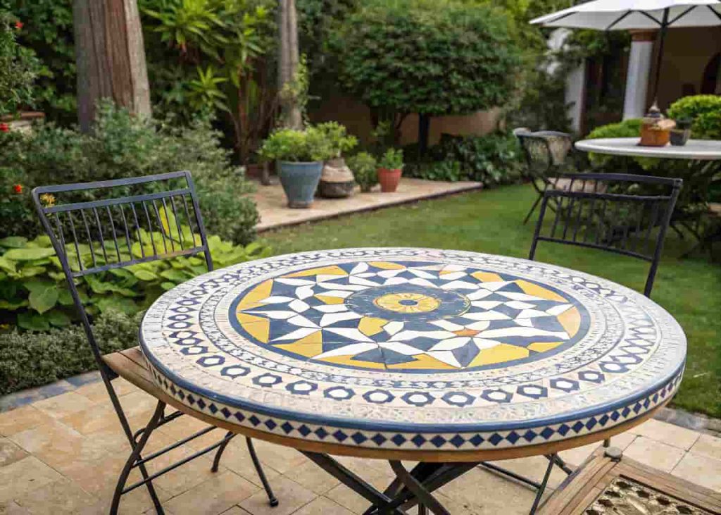 Outdoor garden dining table with a colorful Mediterranean-style mosaic tile top in blue, white, and yellow geometric patterns.