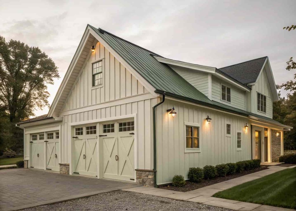 Barn style garage with vertical board and batten siding in white, showing farmhouse texture and shadow detail