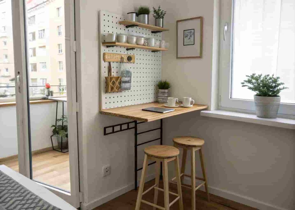 Small kitchen breakfast nook with fold-down wall table, stool, and pegboard storage in a minimal apartment