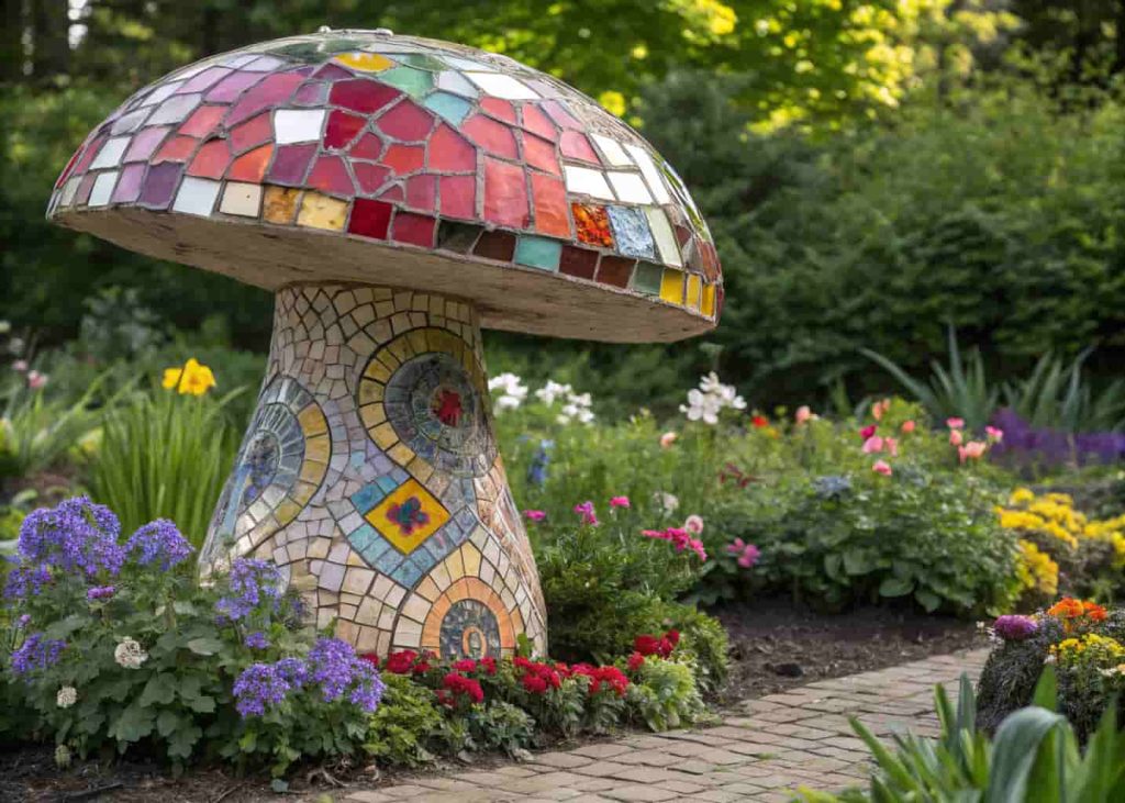 Colorful mosaic garden sculpture shaped like a decorative mushroom covered in bright tile and mirror pieces, surrounded by garden flowers.