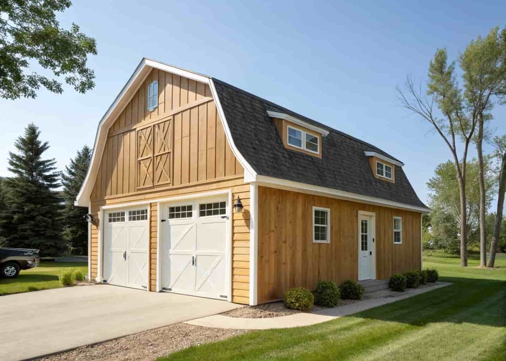 Barn garage with a classic gambrel roof showing the iconic double-slope roofline against a clear sky